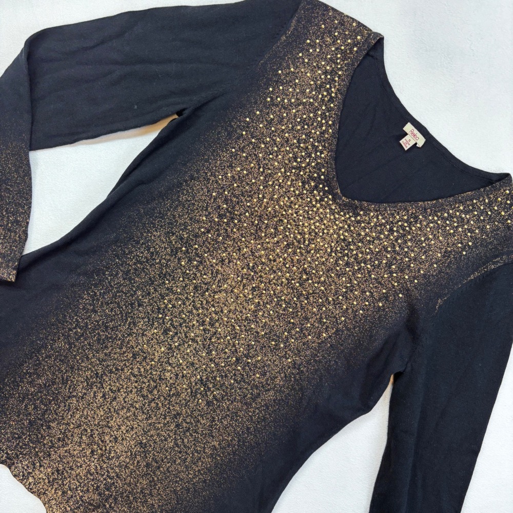 Reba Womens Small Black Gold Embellished Long‎ Sleeve Knit Top V Neck